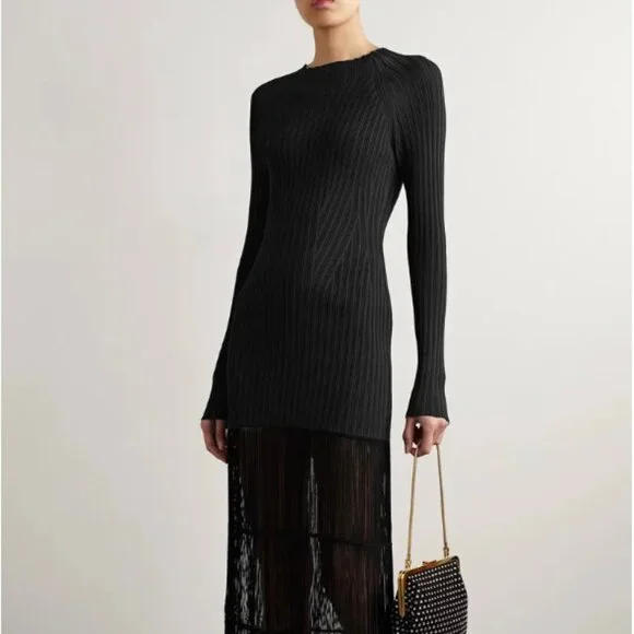 Khaite Cedar Fitted Rib Maxi Midi Dress Mock Fringe Black Small, worn once $2400 - Picture 3 of 8